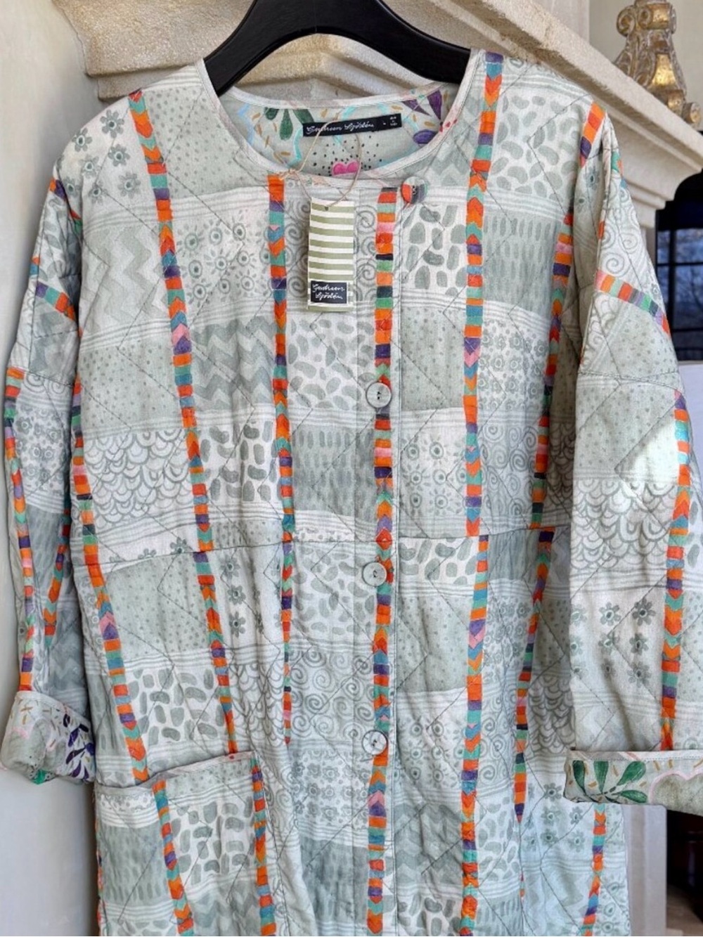 NWT Gudrun Sjoden WARM Quilted, REVERSIBLE Blue/Grey Floral Coat w Multicolor - Picture 12 of 13